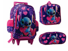 Kit Escolar 3 em 1 – Carrinho Grande + Lancheira + Estojo – Lilo &amp; Stitch (Modelo 25)
